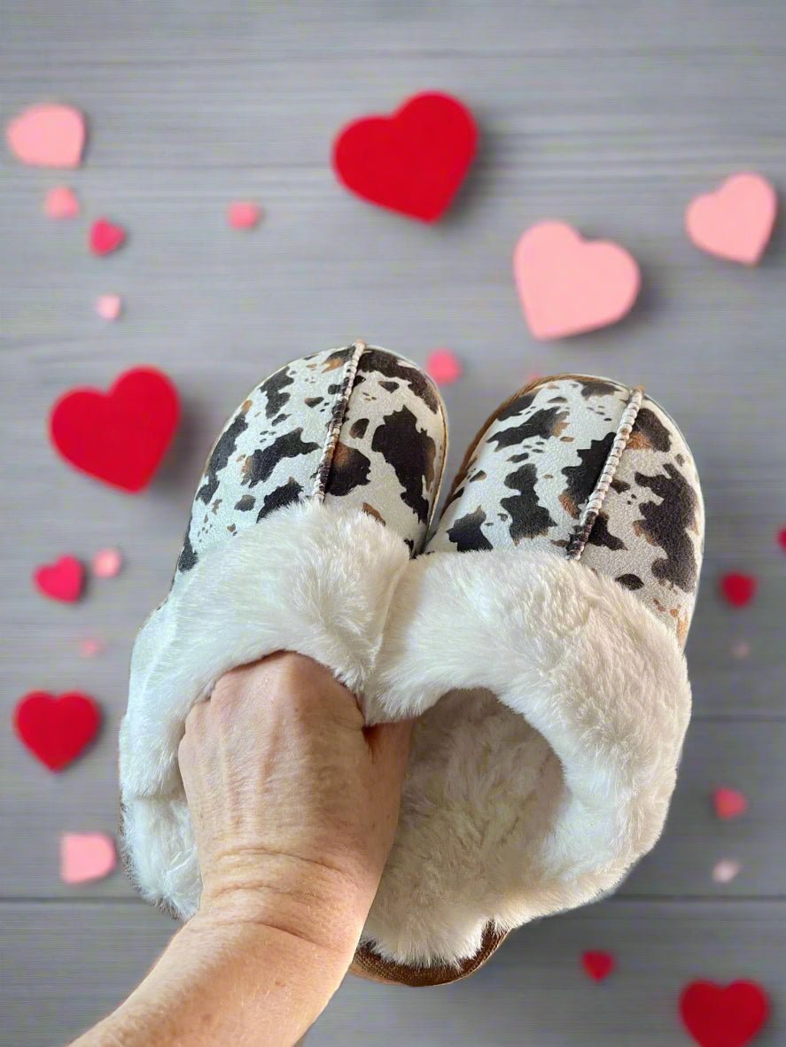 Plush COWPRINT SLIPPERS, Cow girl Slippers, Sherpa Cow Slippers, Valentine's gift for HER - Razels