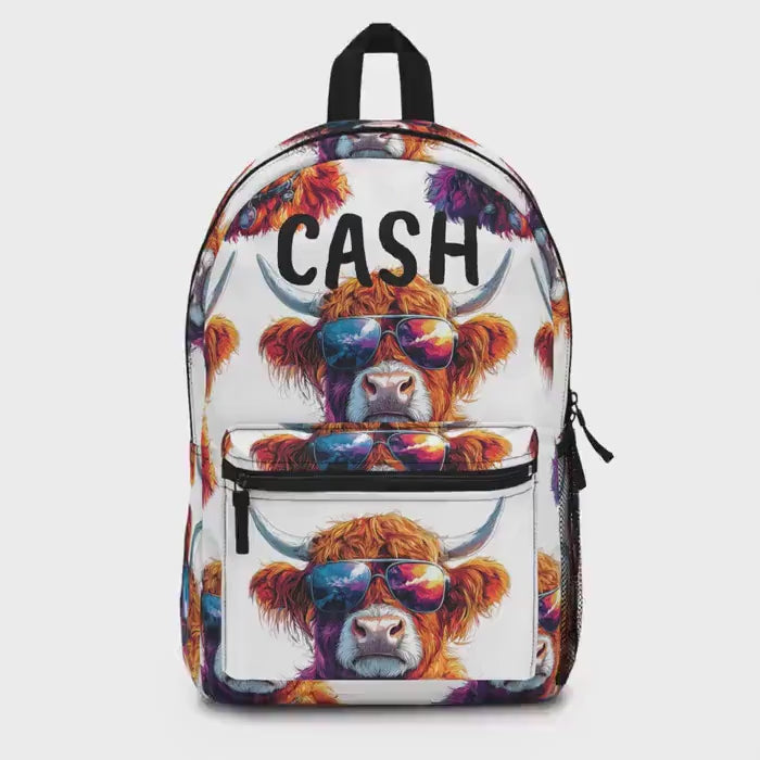 Personalized Highland Cow Backpack | Cute Sunglasses Cow, Back to School Bag for Cowgirls & Cowboys
