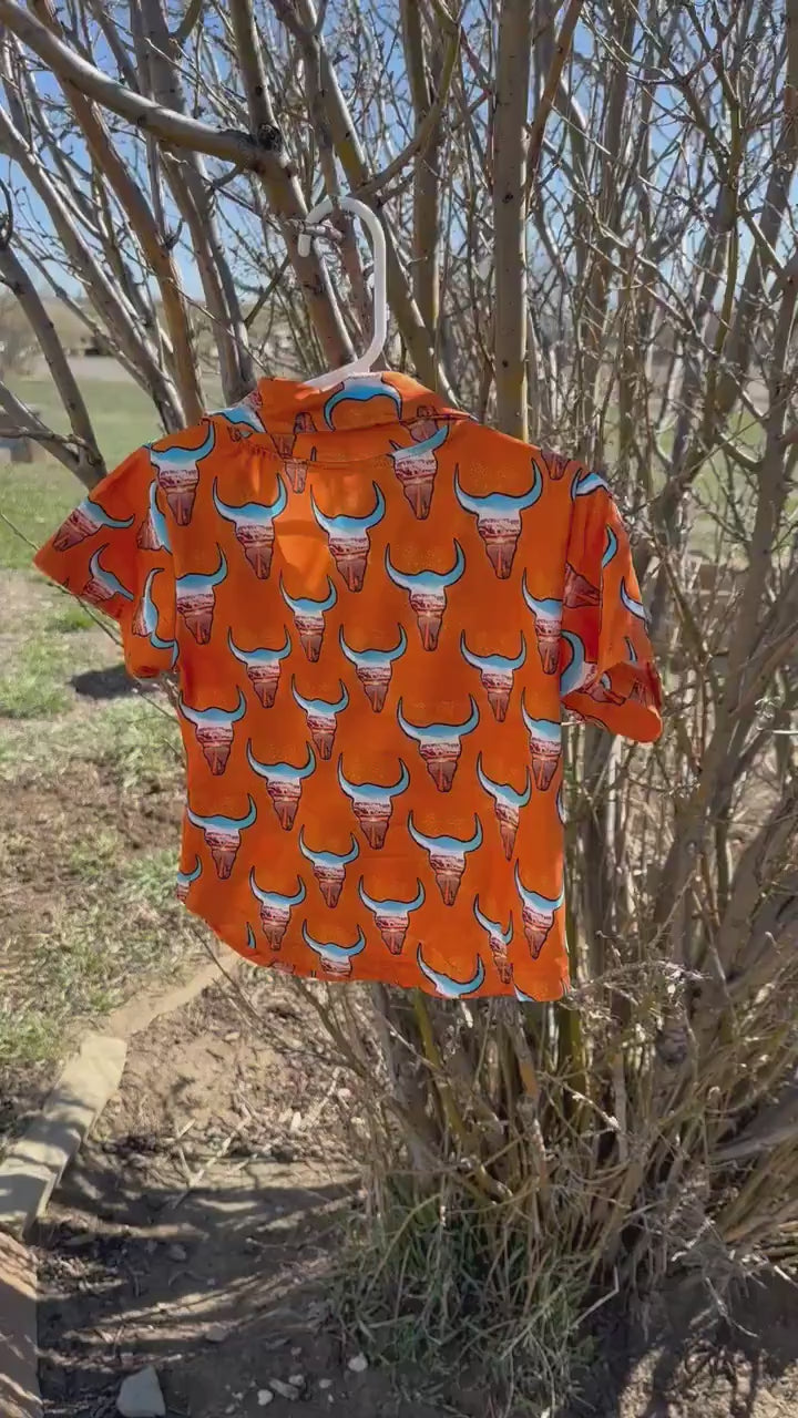 Kids Western Button-Up Shirt – Cowboy Steer Head Print, Orange Desert Highway Design for girls and boys