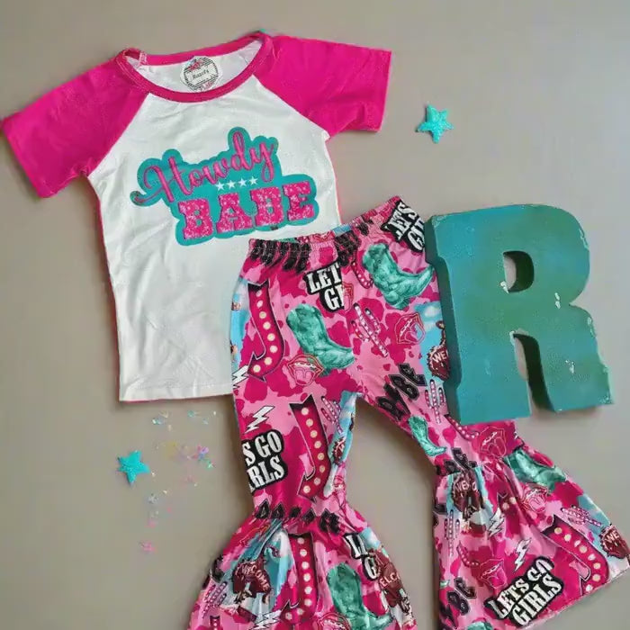 Girls’ Bell Bottom Outfit | HOWDY BABE Cowgirl Flares Pink & Turquoise Let’s Go Girls Set Toddler Western Clothes