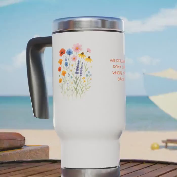 Wildflower Travel Mug, Floral Stainless Steel Coffee Cup, Custom Name or Quote