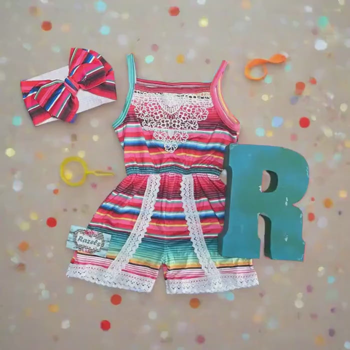 Girls Pink Striped Romper: Serape Fiesta Lace Jumpsuit
