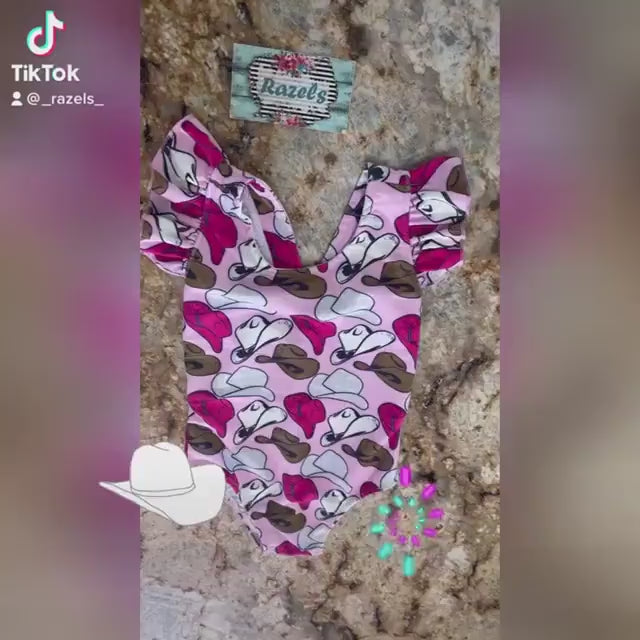 Girls Pink Lightning Bolt Swimsuit: Turquoise Cheetah Print Tie-Back