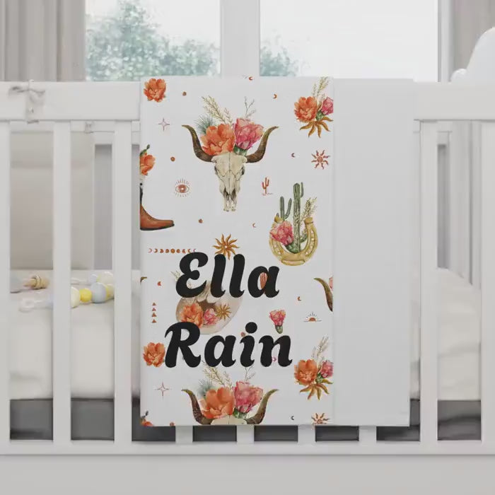Personalized Southwestern Floral Baby Blanket: Boho Cowgirl Nursery Decor