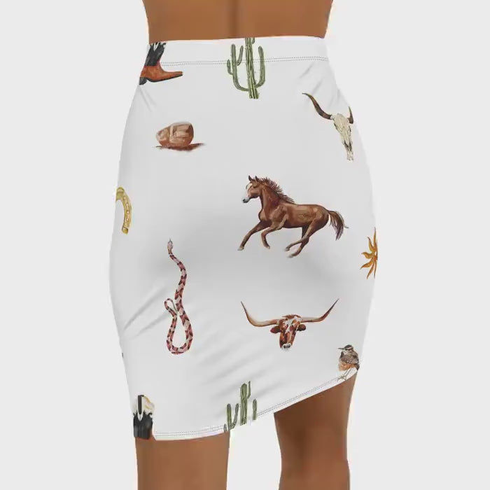 Western Pencil Skirt: Boho Cowgirl Style with Horses, Snakes & Cactus