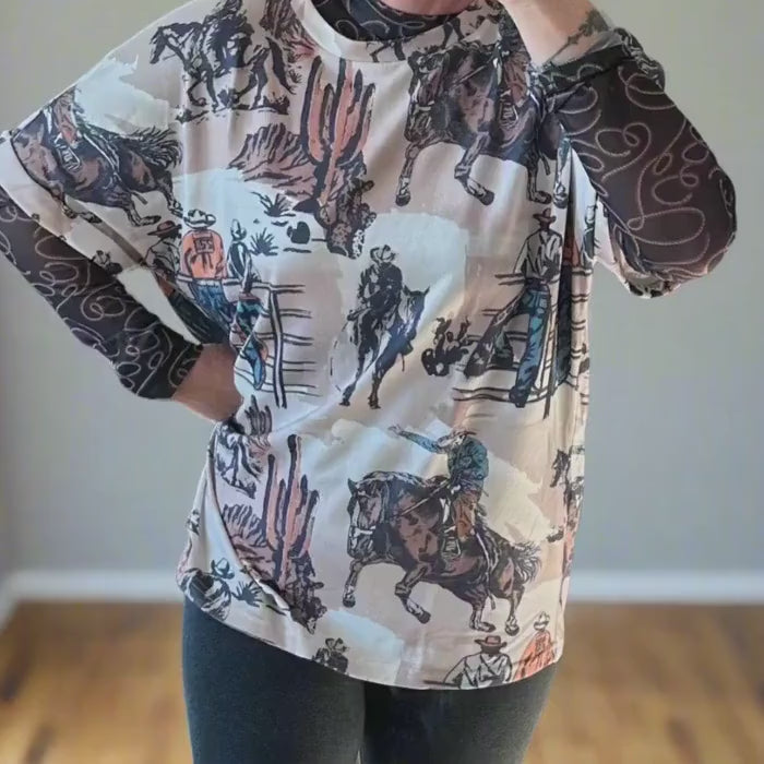 Cowboy Print T-Shirt: Western Bronc Rider Tee for Women