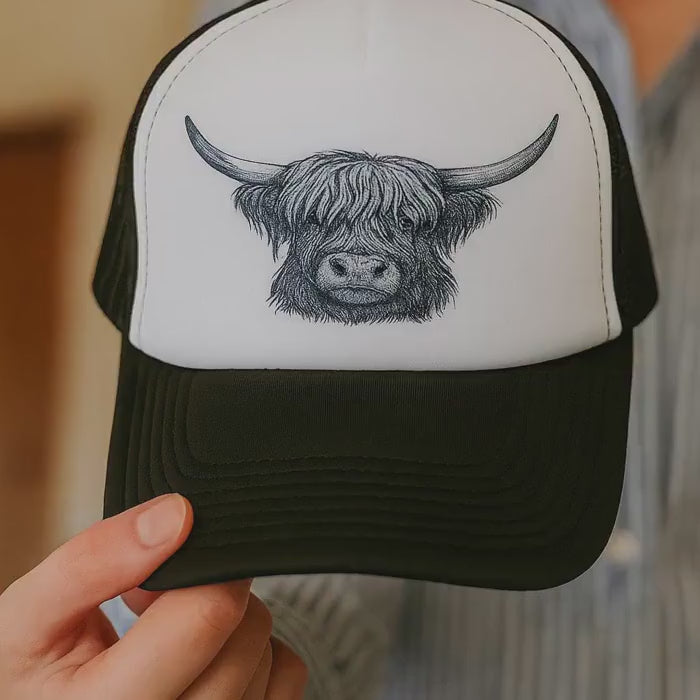 Highland Cow Hat - Trucker Hat Embroidered Western Cap Country Farm Animal Gift for Highland Cow Lover