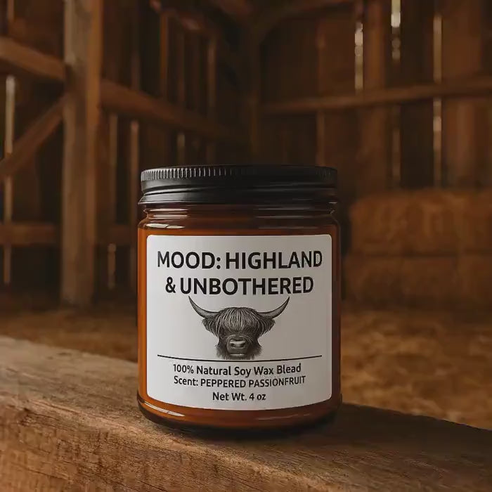 Highland Cow Soy Candle: Farmhouse Decor, Peppered Passionfruit Scent