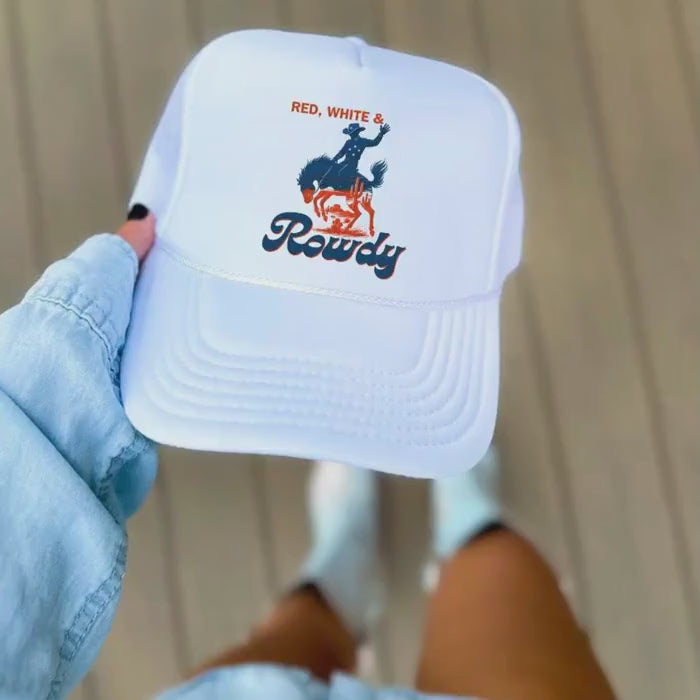 Embroidered Cowboy Trucker Hat: Red White & Rowdy Rodeo Cap