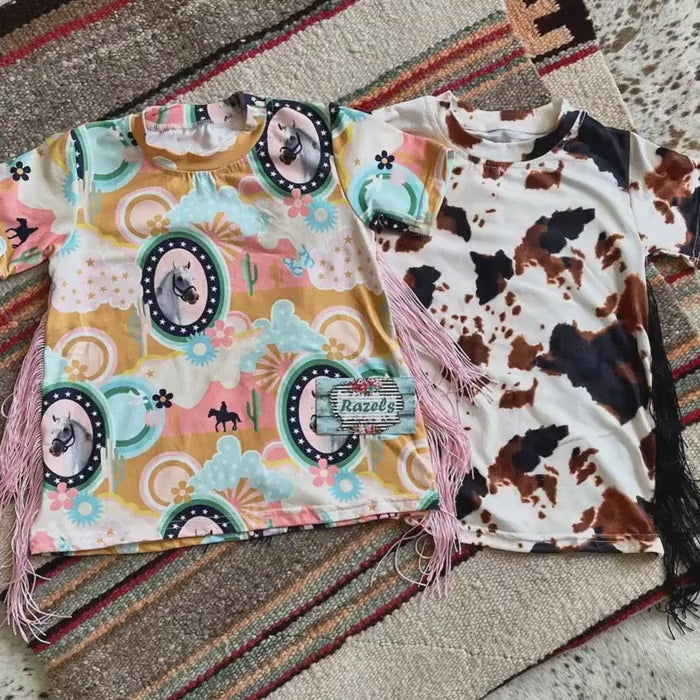 CLEARANCE T-Shirt Dress | Western Fringe Girls Cowprint Dress | Boho Horse Tunic for Kids, Cute Country Style Outfit