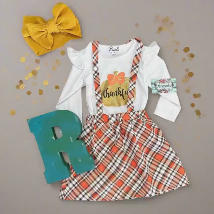 Toddler Girl Thanksgiving Outfit: Thankful Pumpkin Shirt & Plaid Suspender Skirt Set,