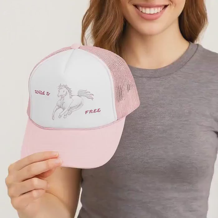 Pink Embroidery Horse Trucker Hat – Wild & Free Mesh Back Cap for Summer, Breathable Adjustable Baseball Cap