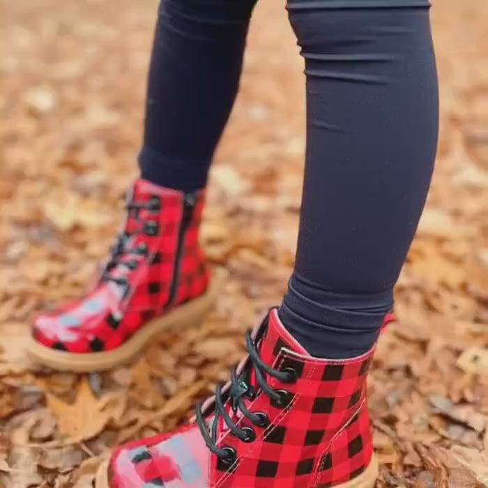 Buffalo Plaid Boots Kids Red & Black Checkered Ankle Boots Cozy Winter Footwear