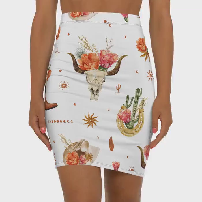 Boho Floral Pencil Skirt: Western Cowgirl Cactus Print, Vintage Bohemian Style