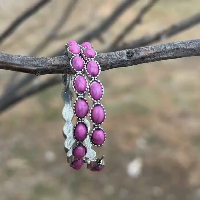 Pink Stone Hoop Earrings: Burnished Silver Boho Statement Jewelry