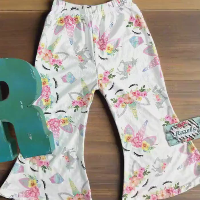 Toddler Unicorn Bell Bottoms: Floral Print, Stretchy Comfort