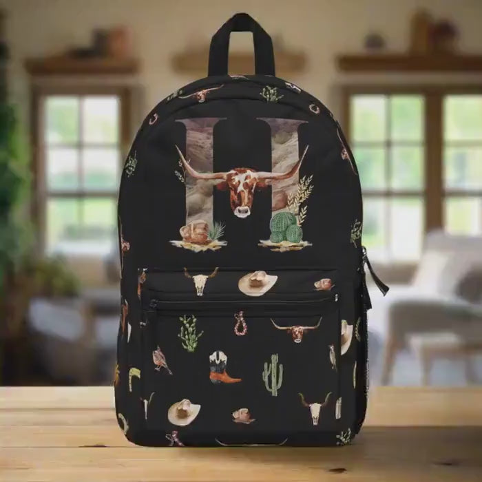 Go Back to School Backpack Personalized Western Backpack , Black Cowboy Print Bag with Initial