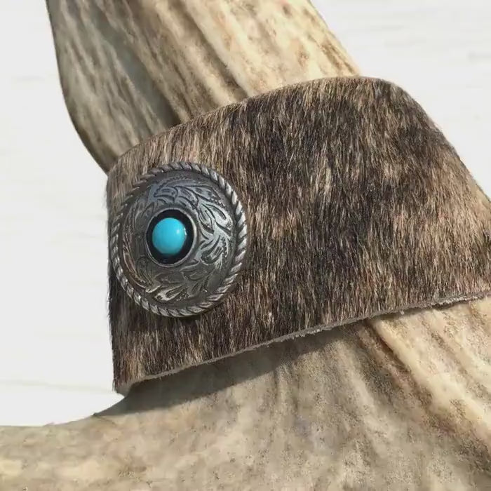 Cowhide Cuff Bracelet: Western Cowgirl Style with Silver Concho