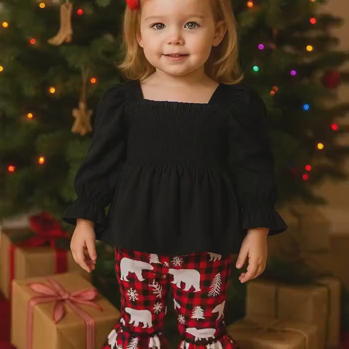 Toddler Christmas Outfit, Christmas Bear Toddler Outfit | Buffalo Plaid Bear Snowflake Bell Bottoms,