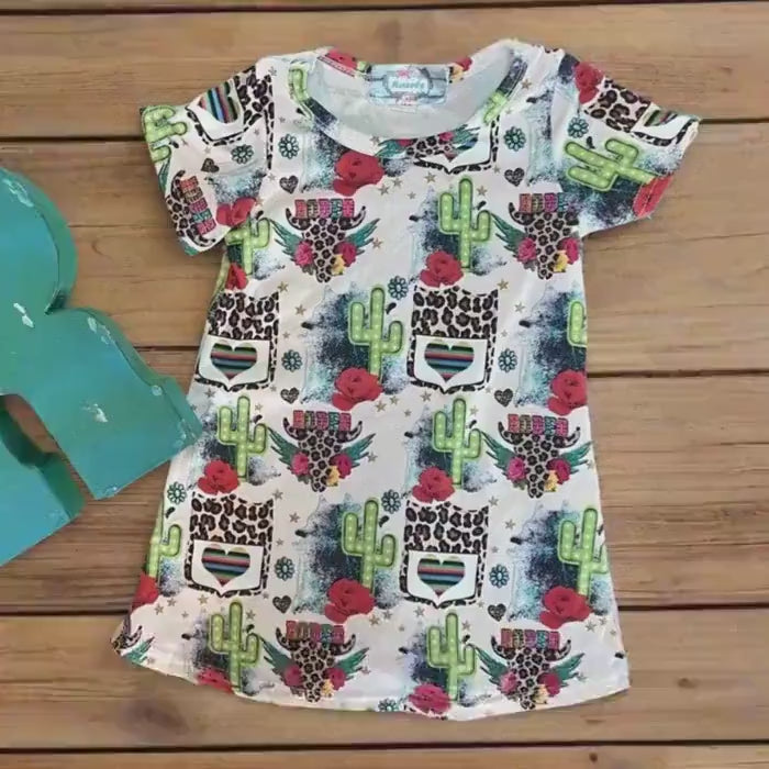 Cowgirl Dress for Kids Toddler & Baby - Rodeo T-Shirt Dress with Cheetah Skull, Cactus and Back Number Design