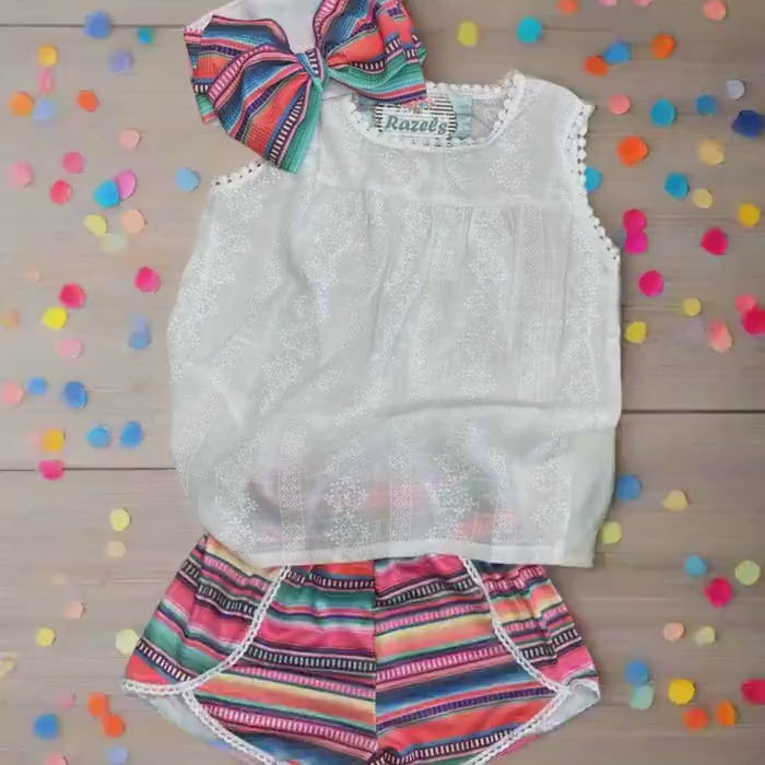 Girls Serape Summer Shorts – Pink Stripe Western Boutique Style – Lightweight & Lace Hem