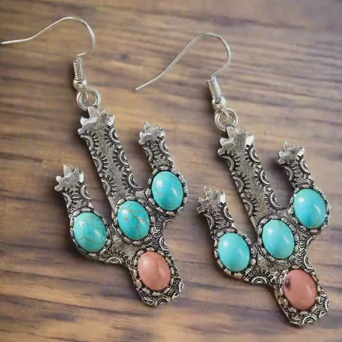 Turquoise & Coral Cactus Earrings: Southwestern Cowgirl Jewelry