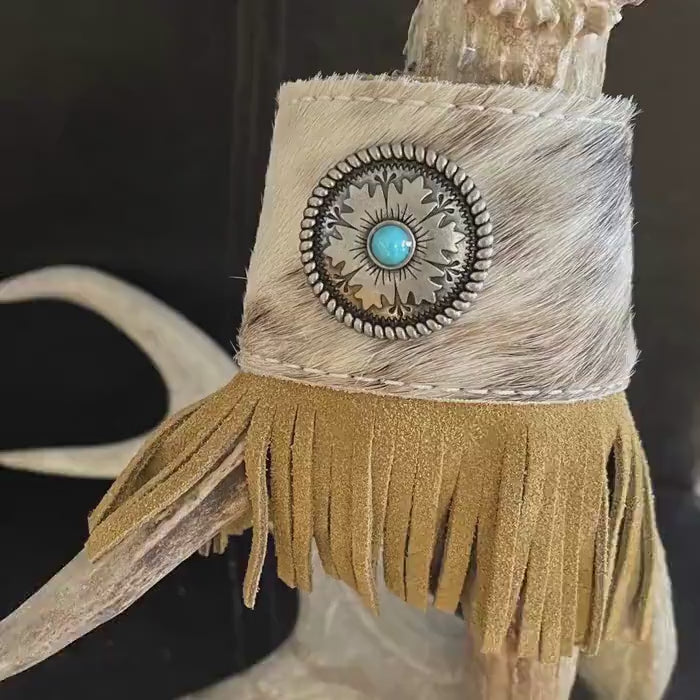 Cowhide Fringe Cuff Bracelet: Western Concho Cowgirl Jewelry