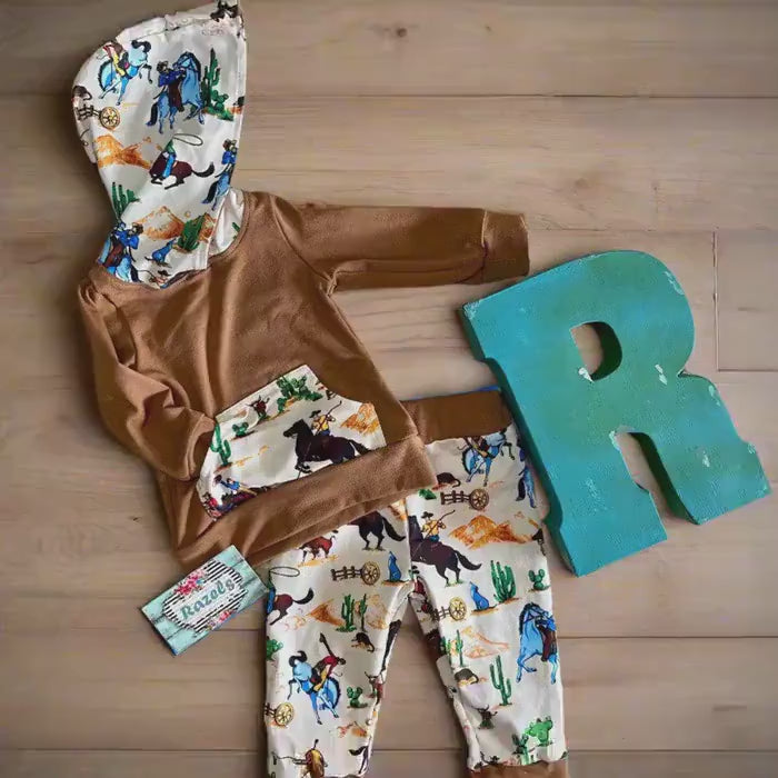 Boys Western Outfit: Cowboy Hoodie & Jogger Set - Cotton Blend