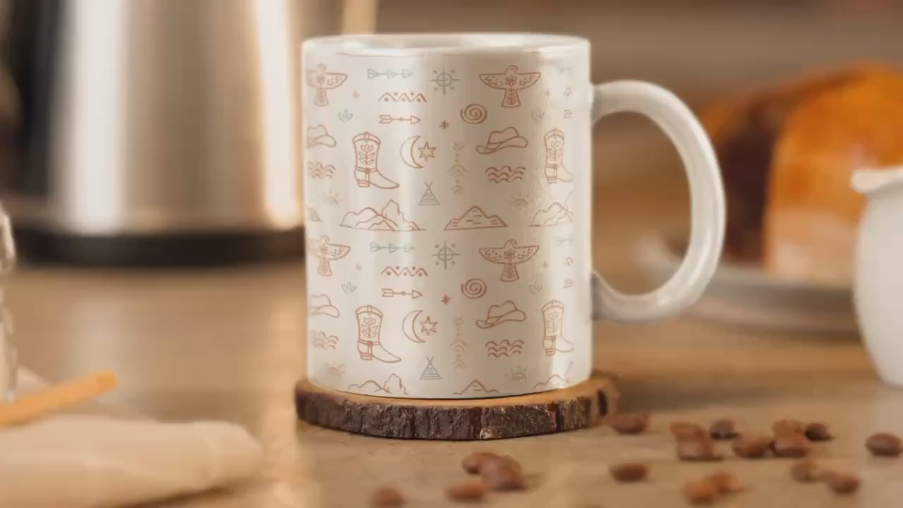 Cowgirl Ceramic Coffee Mug: Western Boots, Stars & Thunderbirds (11oz or 15oz)