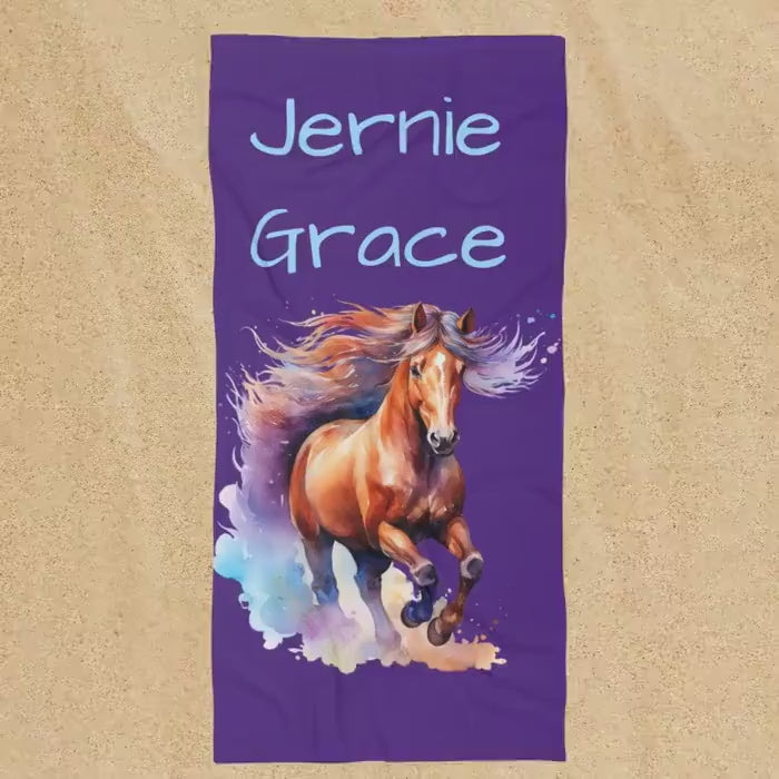 Personalized Horse Beach Towel – Custom Name, Galloping Watercolor Horse