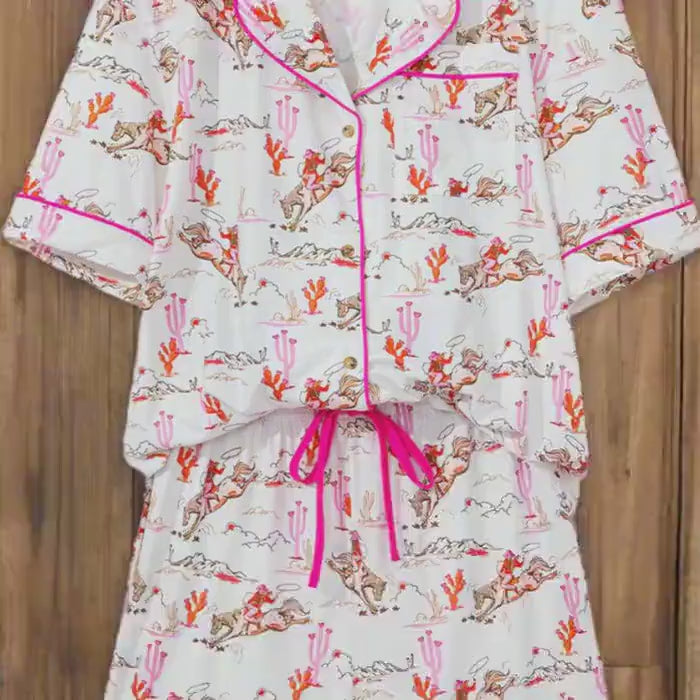 Pink Cowgirl Pajama Set: Western Cactus Print Lounge Set