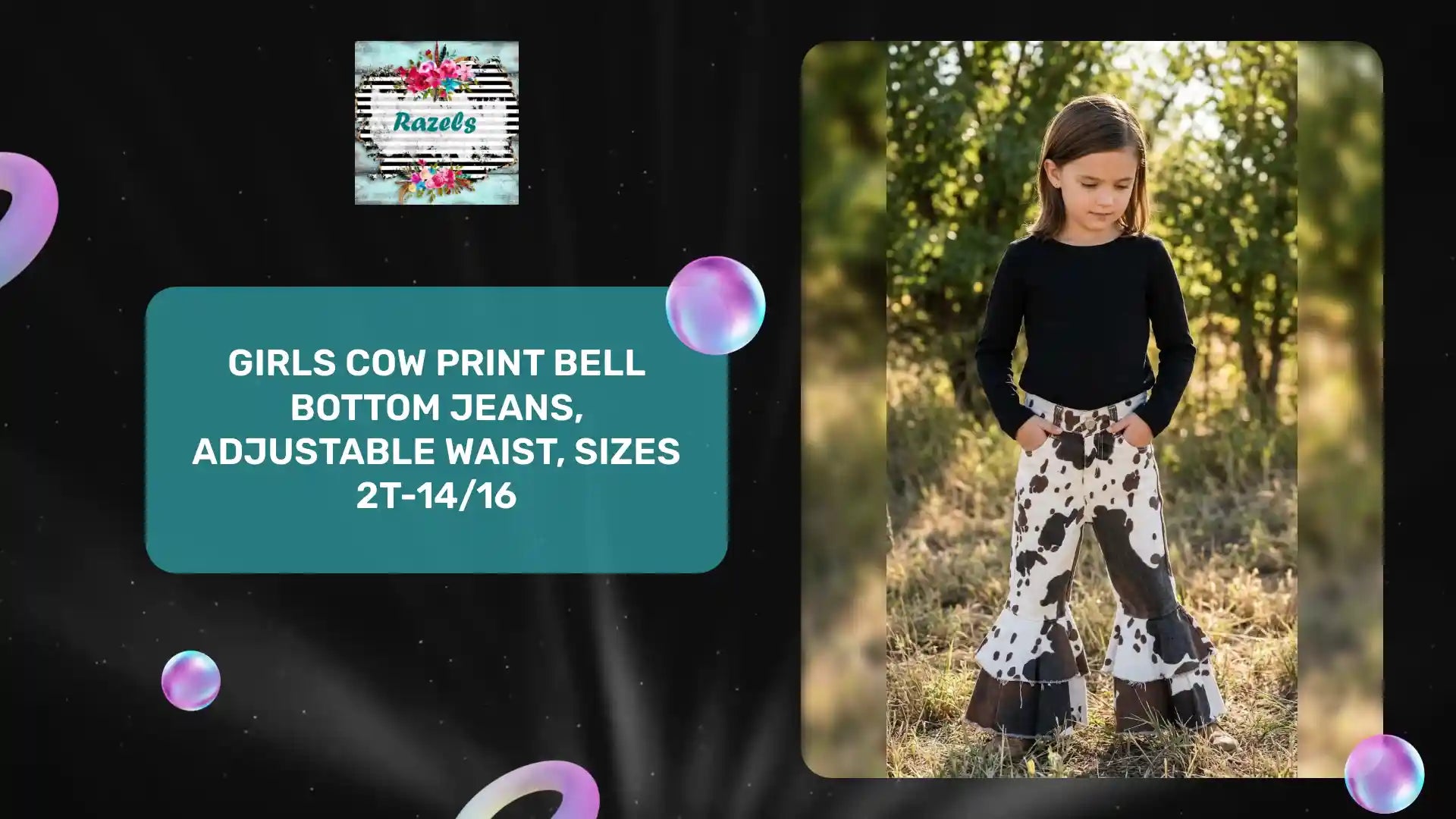Girls Cow Print Bell Bottom Jeans, Adjustable Waist, Sizes 2T-14/16 by@Outfy