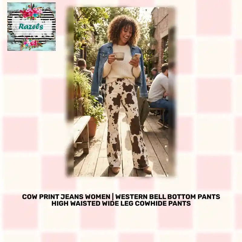 Cow Print Jeans Women | Western Bell Bottom Pants High Waisted Wide Leg Cowhide Pants by@Outfy