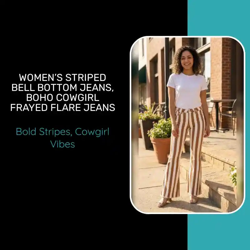 Women&rsquo;s STRIPED Bell Bottom Jeans, Boho COWGIRL Frayed Flare Jeans by@Outfy