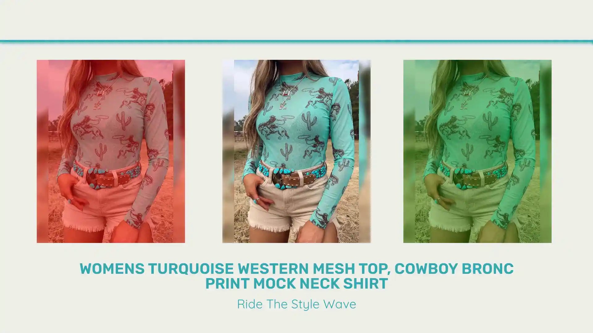 Womens Turquoise Western Mesh Top, Cowboy Bronc Print Mock Neck Shirt by@Outfy