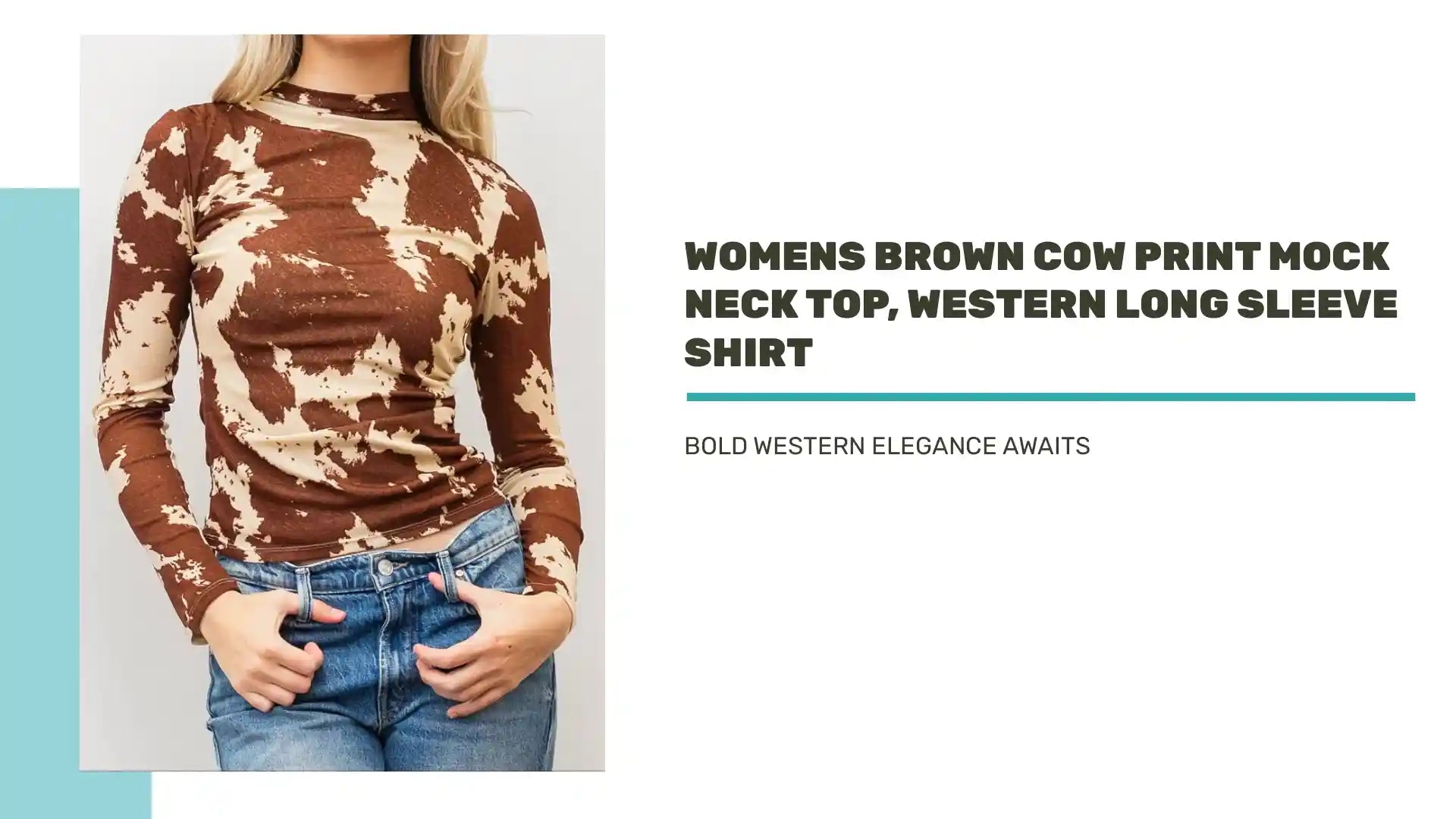 Womens Brown Cow Print Mock Neck Top, Western Long Sleeve Shirt by@Outfy