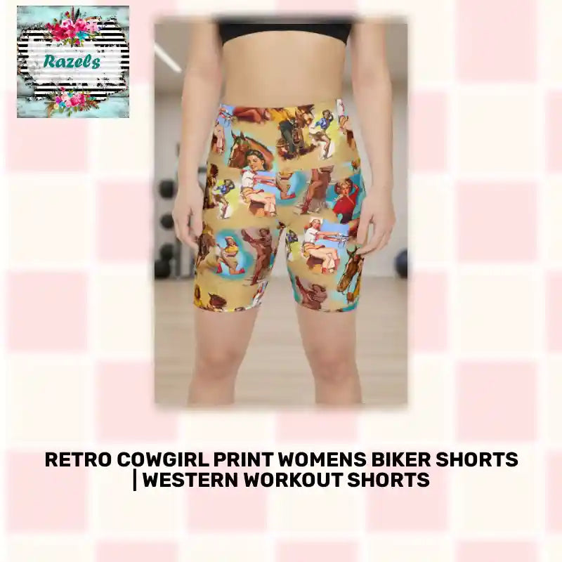 Retro Cowgirl Print Womens Biker Shorts | Western Workout Shorts by@Outfy