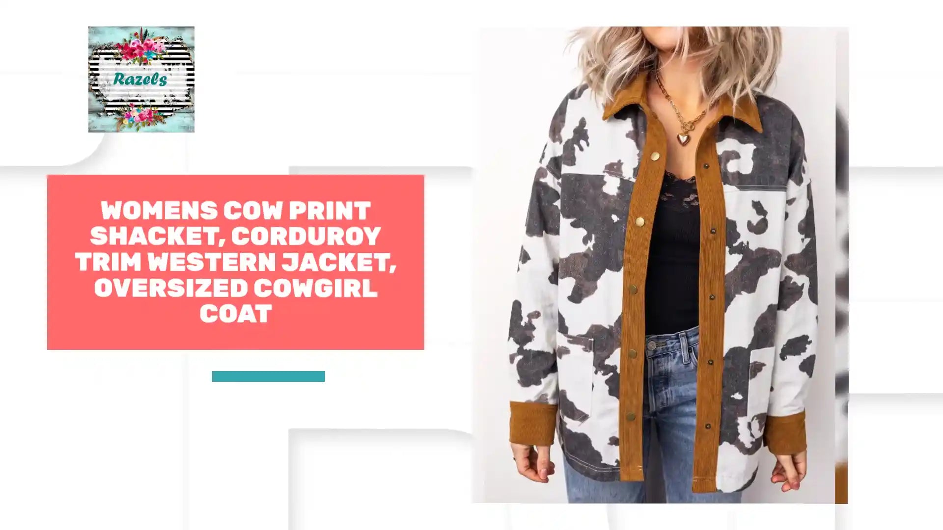 Womens Cow Print Shacket, Corduroy Trim Western Jacket, Oversized Cowgirl Coat by@Outfy