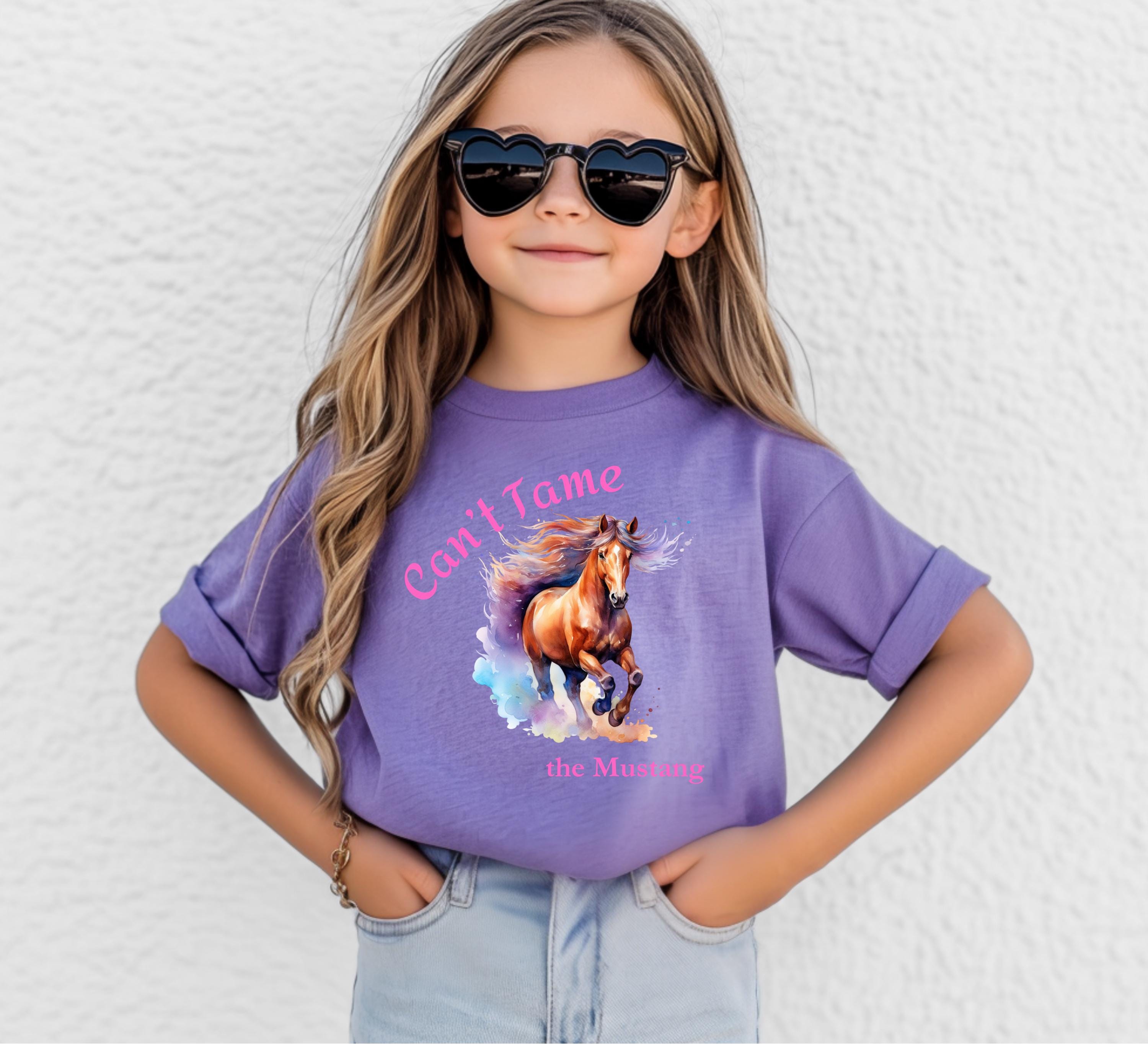 Girls Horse Tee Watercolor Mustang Shirt, Youth Wild Horse T-Shirt -Razels