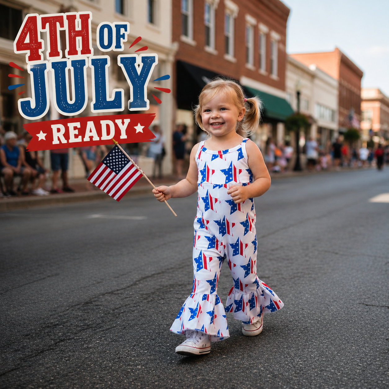 Child in a patriotic outfit holding an American flag on a street with '4th of July Ready' text. This patriotic star bell bottom romper is made for parade mornings, rodeo nights, and backyard BBQ twirls. Featuring bold red, white, and blue stars with a flared ruffle leg, this one-piece brings all the festive fun with boutique comfort. 
✓ Soft, stretchy boutique fabric (95% cotton / 5% spandex feel)
✓ Statement ruffle bell bottoms for that extra yeehaw
✓ Sleeveless romper style for easy summer wear
✓ True to 