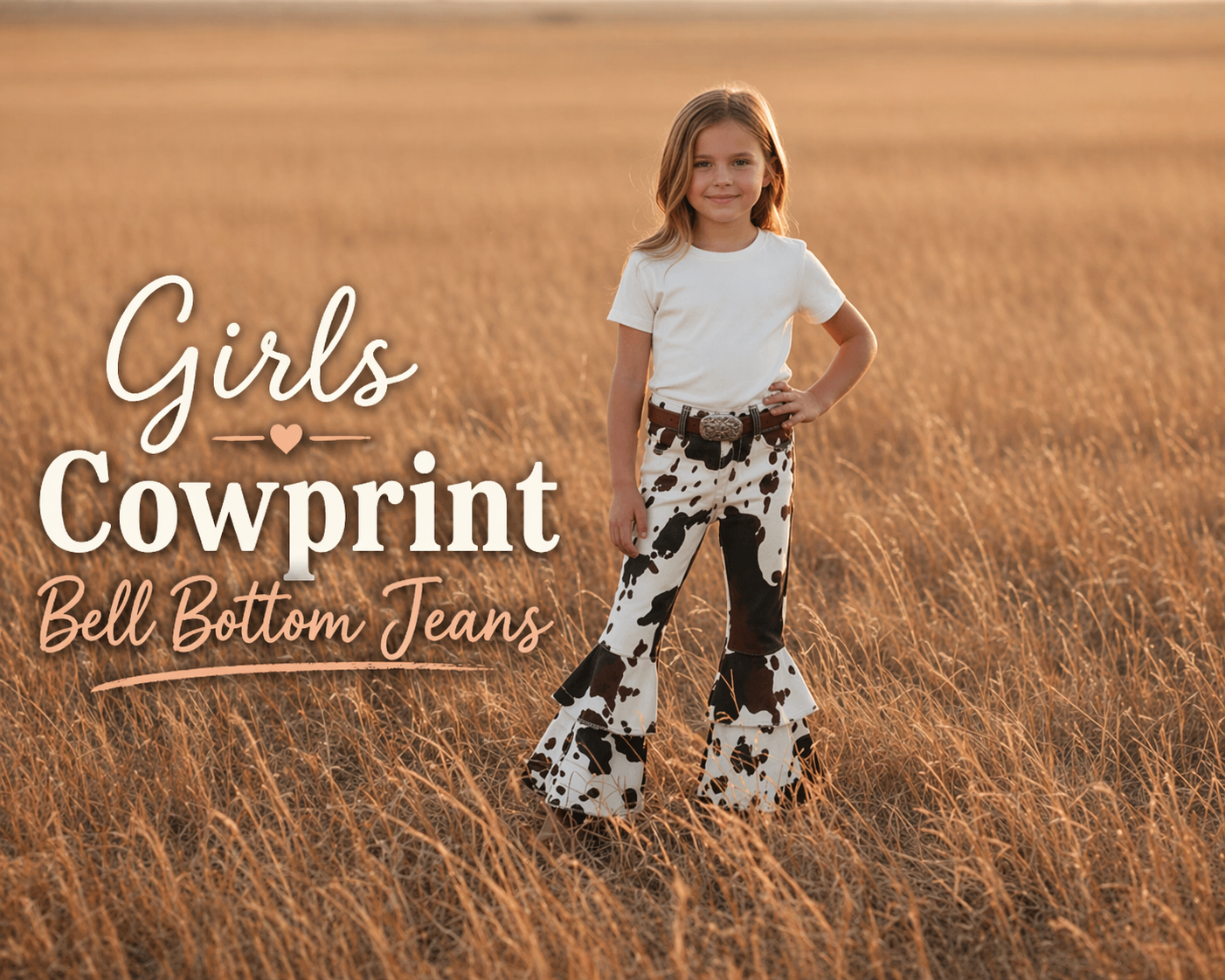 Girl wearing cowprint bell-bottom jeans standing in a field with text overlay.