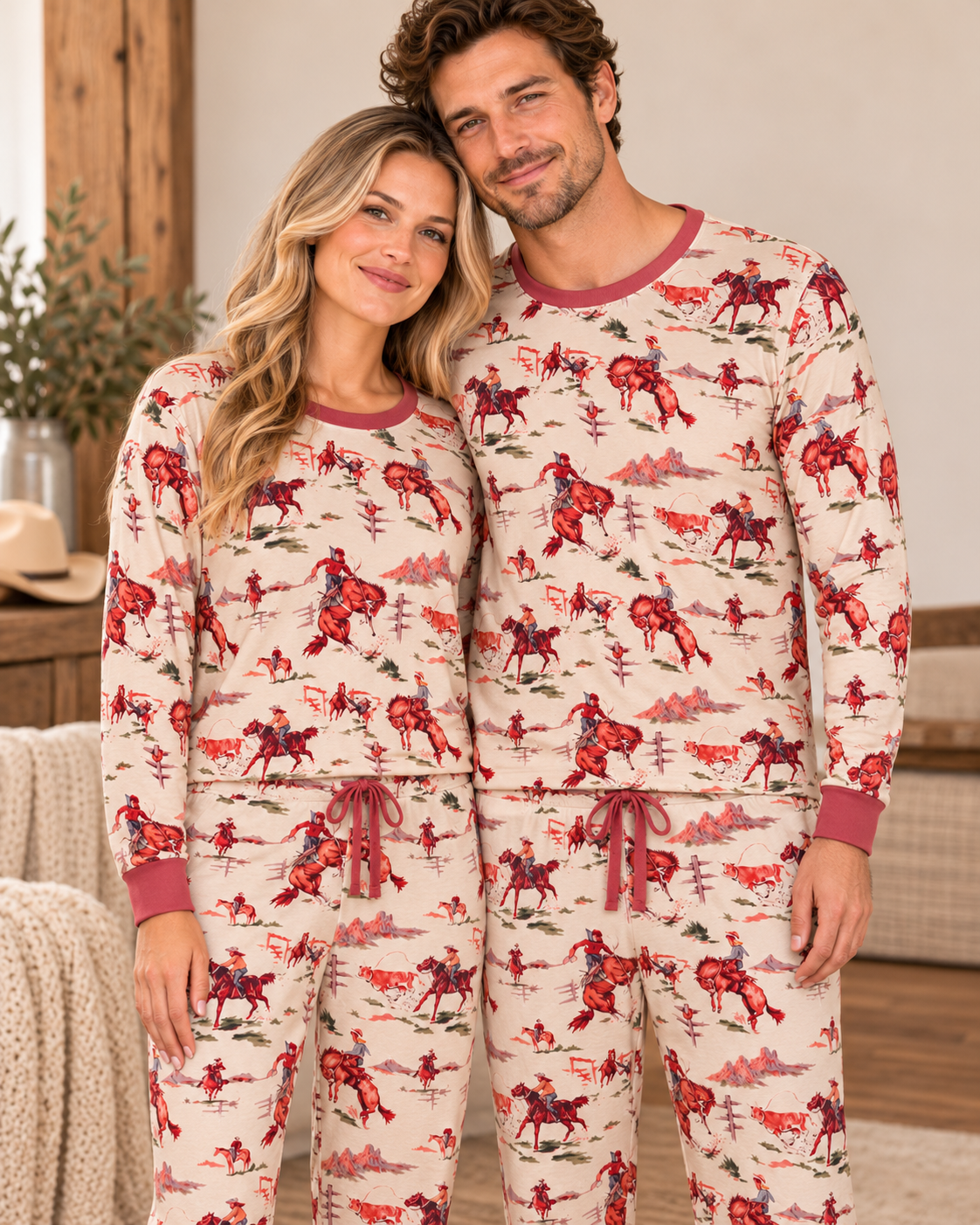 couple standing indoors wearing razels exclusive Retro cowboys, bronc riders and steers cover these soft adult Western pajamas. The vintage rodeo print gives them a one-of-a-kind look that’s perfect for anyone who would rather be at the rodeo.

The soft, stretchy fabric and relaxed unisex fit make them comfortable for sleeping, lounging and slow mornings at home. Verified buyers describe these pajamas as soft, cozy, well-made and true to size.