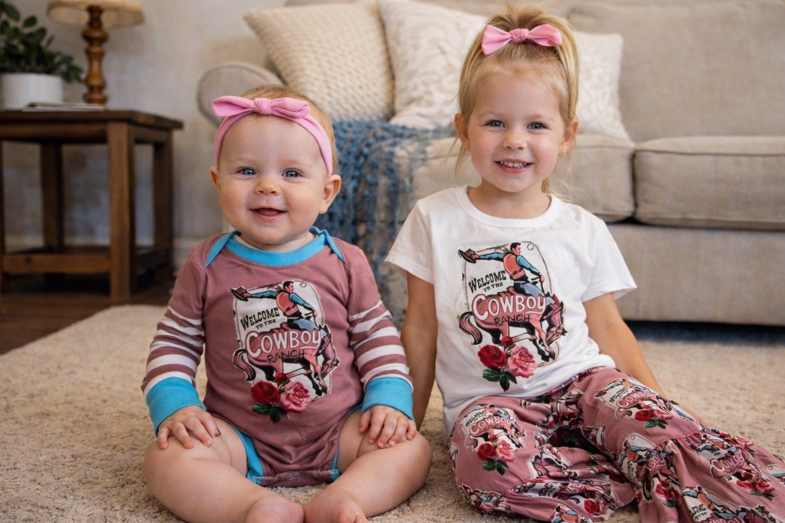 Two young children wearing cowboy-themed outfits sitting on a carpeted floor.
