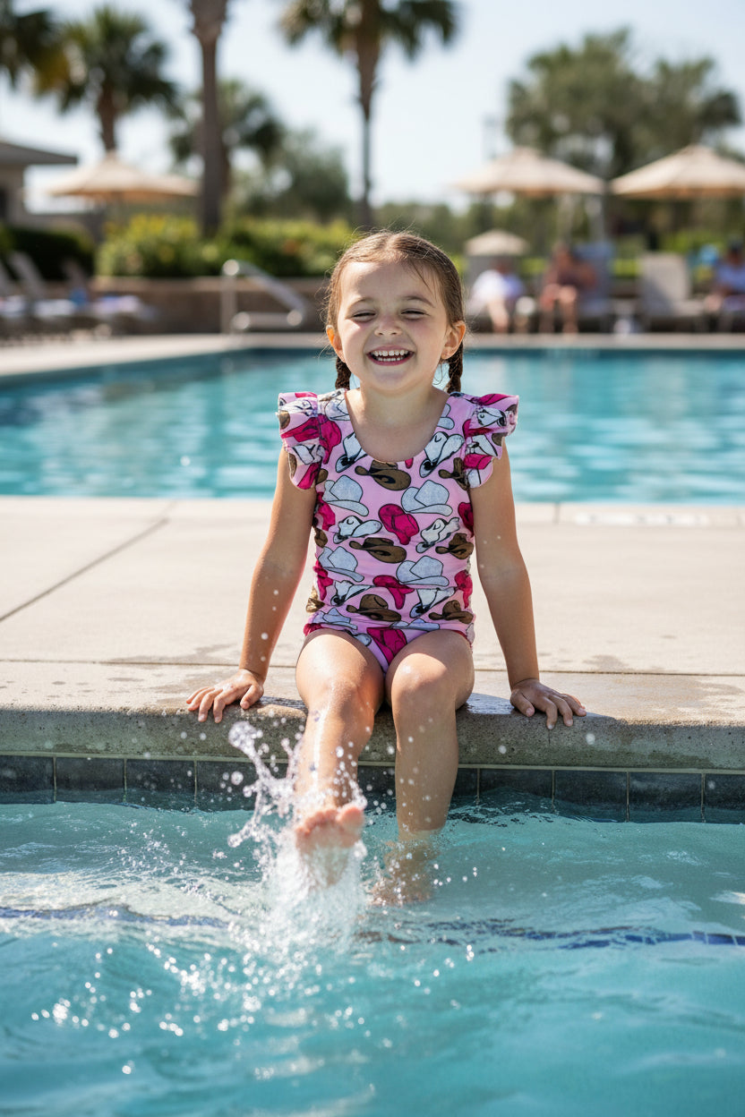 girl splashing feet in pool wearing razels cowgirl hat one piece swimsuit with ruffle sleeves