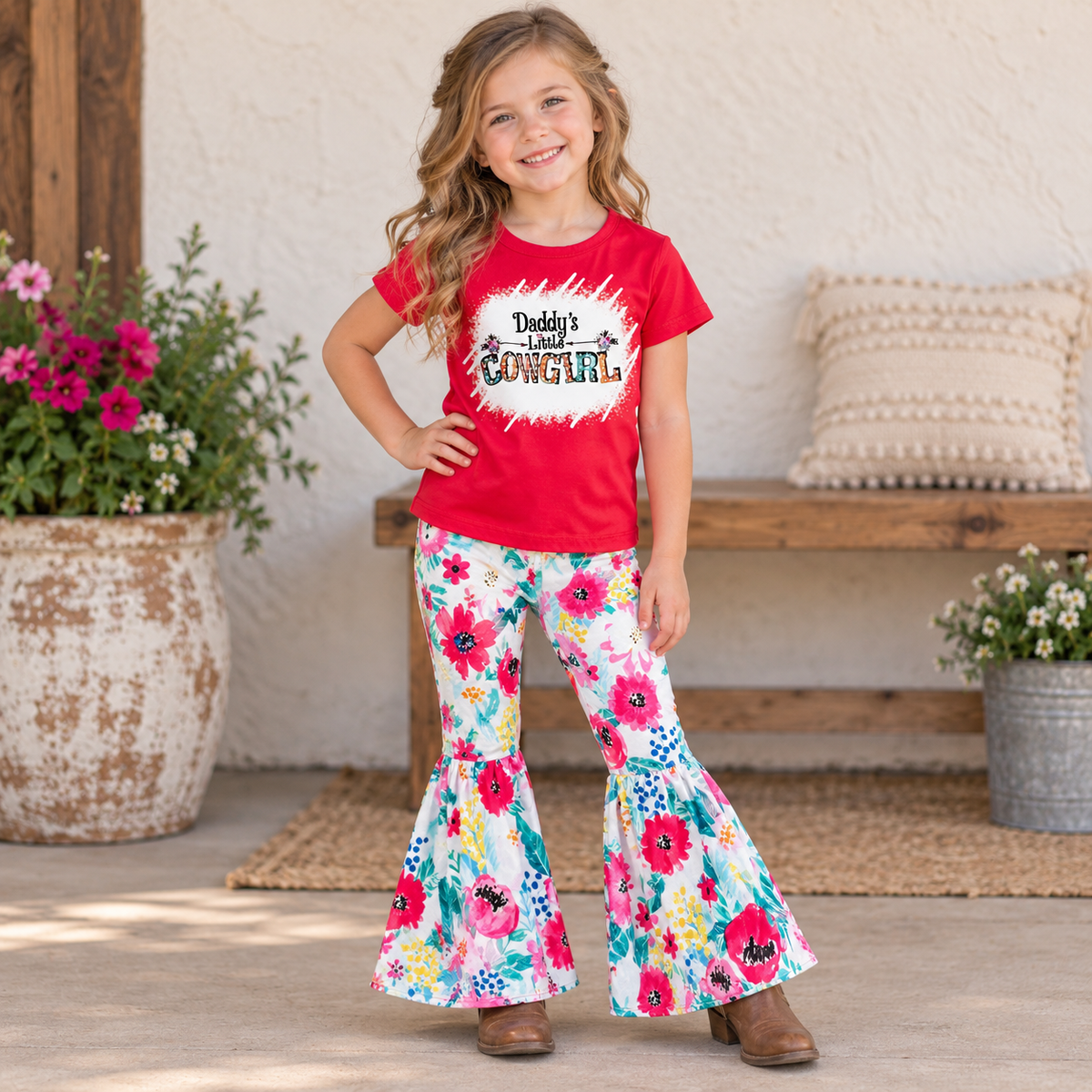 girl standing outdoors wearing razels daddys little cowgirl bell bottom outfit