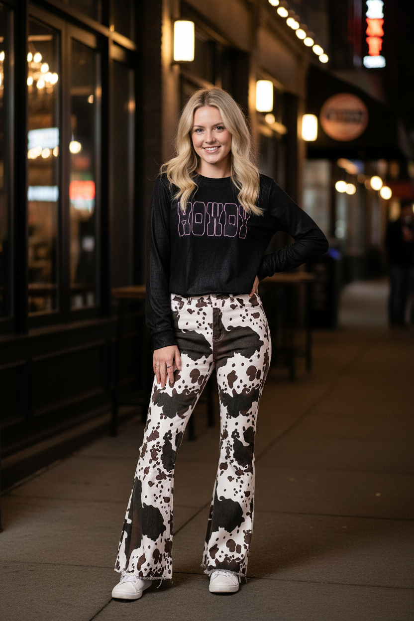 Cow Print Jeans Women | Western Bell Bottom Pants High Waisted Wide Leg Cowhide Pants