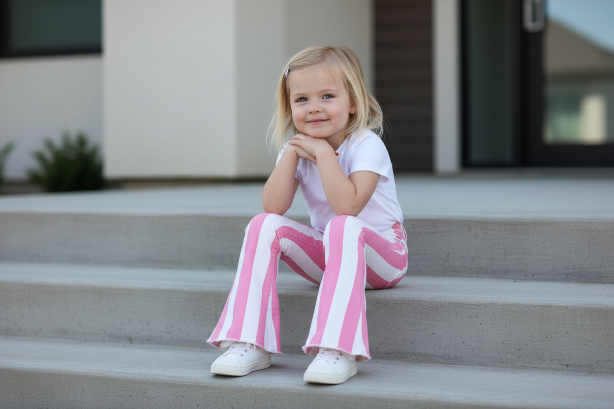 YOUNG GIRL SITTING ON STEP WEARING RAZELS girls pink and white striped bell bottom jeans