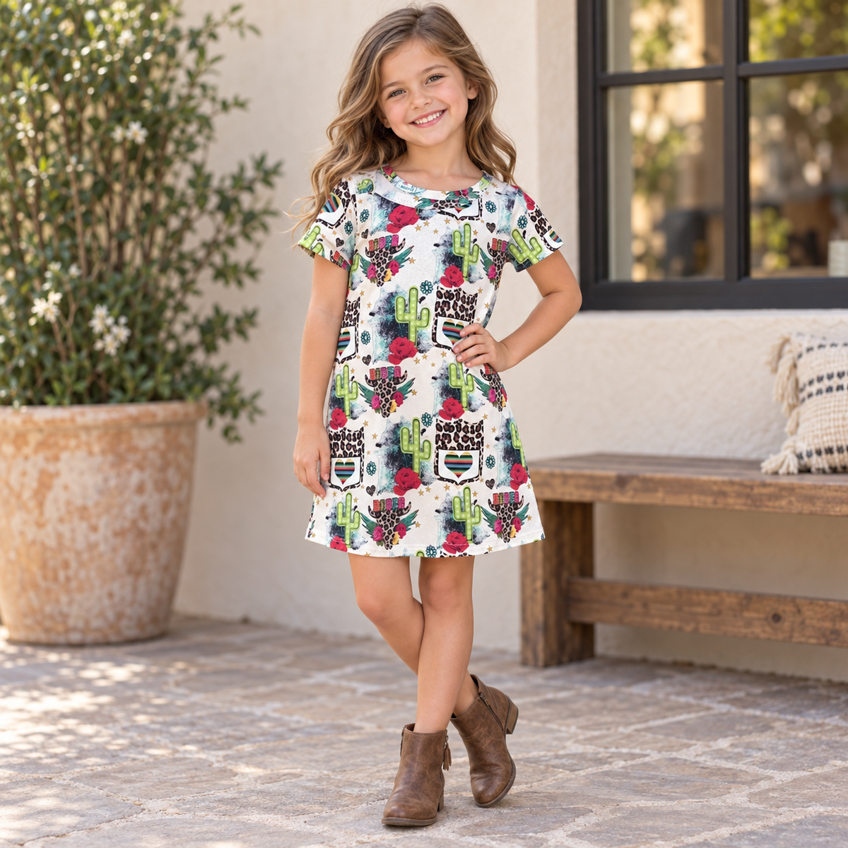 girl wearing razels western cactus tshirt dress