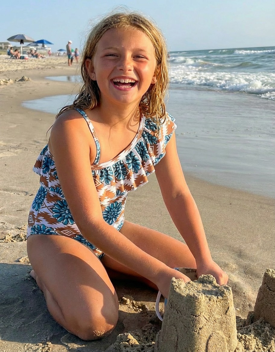 Young girl building a sandcastle on a beach with ocean waves in the background