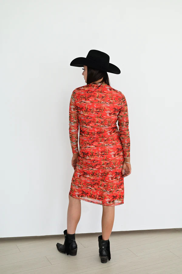 Red Cowboy Print Midi Dress